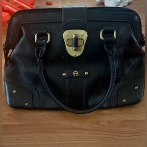 Vintage ETIENNE AIGNER Herringbone Leather Satchel Handbag Doctor Bag 80s 90s